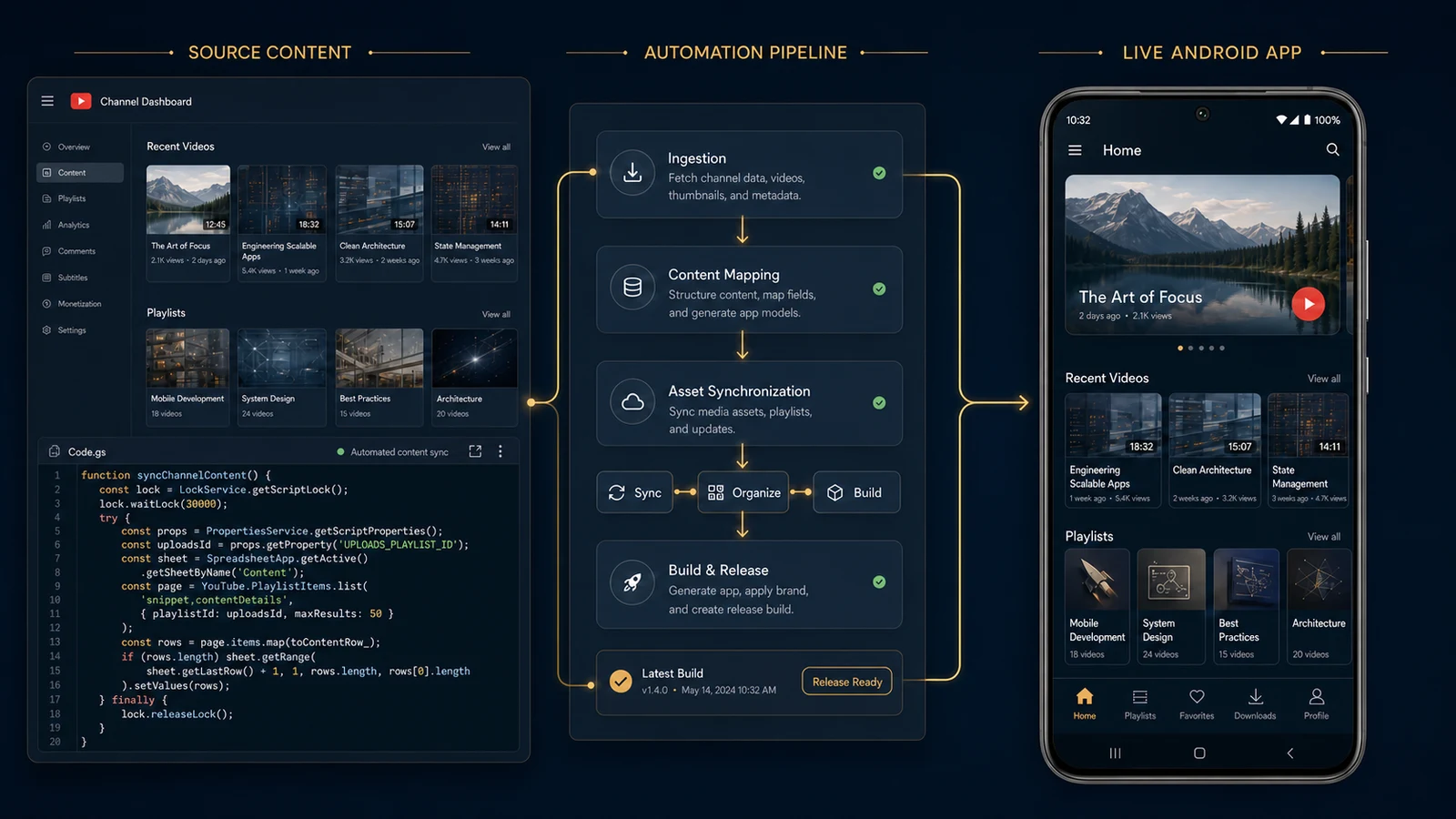 Source content flowing through an automation pipeline into a live Android application